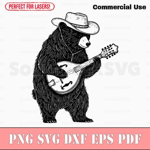 Orso nero che suona il mandolino svg png dxf eps pdf / incisione laser taglio stampa file grafica vettoriale clip art / download istantaneo uso commerciale