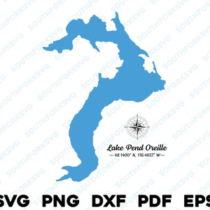 Lake Pend Oreille Idaho Mapa Forma Silueta svg png dxf pdf eps vector diseño gráfico corte grabado archivo láser imagen ing barco lago casa
