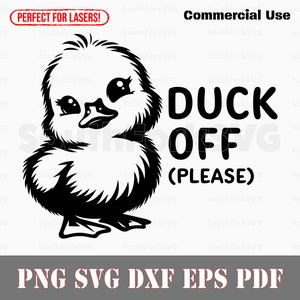 Puede incluir: Ilustración digital en blanco y negro de un lindo patito de dibujos animados con ojos grandes. El texto "DUCK OFF (PLEASE)" está escrito en letras negras en negrita debajo del patito.