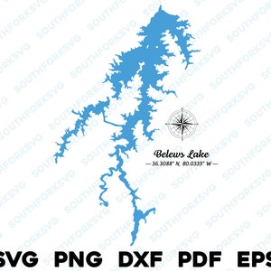 Belews Lake Carolina del Norte Mapa Forma Silueta svg png dxf pdf eps vector diseño gráfico corte grabado archivo láser imagen barco lago casa