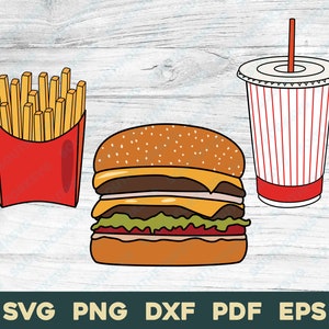 Hamburguesa con queso, papas fritas y bebida / svg png dxf pdf eps / En capas por color Cut File Clip Art Vector Graphic / Drive Thru Diner Comida rápida