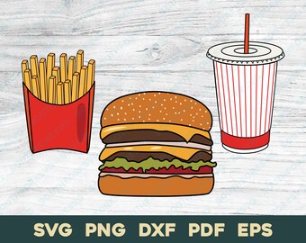Cheeseburger, Fries and Drink | svg png dxf pdf eps | Layered by Color Cut File Clip Art Vector Graphic | Drive Thru Diner Fast Food