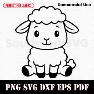 May include: A black and white cartoon illustration of a sheep. The sheep is sitting with its legs tucked under its body. The image includes the text "Commercial Use" and "Perfect for Lasers!" at the top, and "PNG SVG DXF EPS PDF" at the bottom.