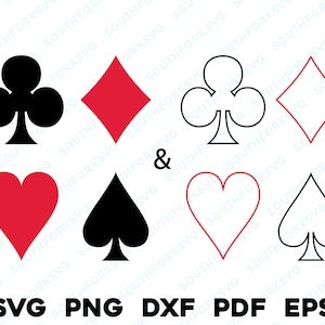 Simboli delle carte da gioco Semi 2 svg png dxf eps pdf Bundle Colori pieni e contorni trasparenti File di taglio Asso Picche Fiori Cuori Quadri