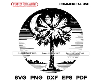 May include: Black and white silhouette of a palm tree with a crescent moon in the background. The tree is set against a textured background that resembles a sunset.