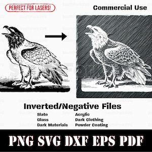 May include: Black and white line art illustration of an eagle with its beak open, as if it is calling. The image is on a dark gray background. The text "Commercial Use" is at the top of the image. The text "Inverted/Negative Files" is below the image. The text "Slate, Glass, Dark Materials" is below the text "Inverted/Negative Files". The text "Acrylic, Dark Clothing, Powder Coating" is below the text "Slate, Glass, Dark Materials". The text "PNG SVG DXF EPS PDF" is at the bottom of the image.