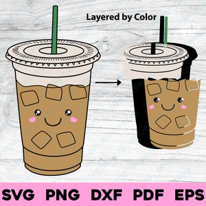 Kawaii Iced Coffee 2 / svg png dxf pdf eps / Layered by Color vector diseño gráfico archivos cortados impresión tinte sub láser grabado digital