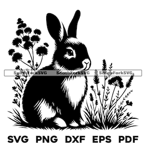 Lapin dans les fleurs sauvages 1 | svg png dxf eps pdf | conception graphique vectorielle transparente coupe impression colorant sous laser graver des fichiers utilisation commerciale