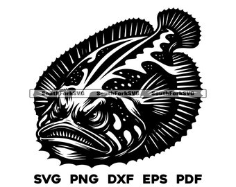 怒っているヒラメの魚のデザイン | svg png dxf eps pdf | 透明なベクターグラフィックデザインカットプリントダイサブレーザー彫刻ファイル商用利用