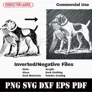 Op de afbeelding: Zwart-witte illustratie van een hond die een fazant in zijn bek draagt. De afbeelding is op een donkere achtergrond en is gelabeld met "Commercieel gebruik" en "Inverteren/Negatieve bestanden".