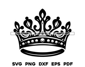Puede incluir: Una silueta en blanco y negro de una corona con detalles ornamentados. La corona tiene una parte superior puntiaguda y una banda de joyas.