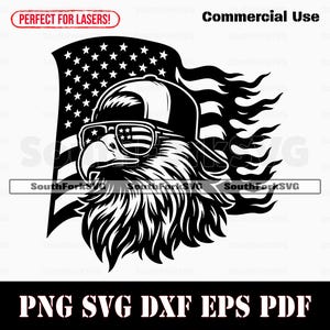 May include: Black and white graphic of an eagle wearing sunglasses and a baseball cap, set against an American flag. The eagle's sunglasses feature the American flag design. The image includes the text "Commercial Use" and "PNG SVG DXF EPS PDF".
