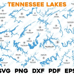 22 Tennessee Lake Mega Bundle con bussola e coordinate GPS / svg png dxf pdf eps / file di progettazione grafica vettoriale, taglio, stampa, incisione laser