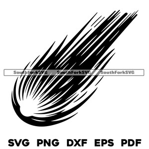 May include: Black and white silhouette of a comet with a long tail.