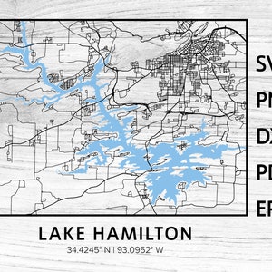 Lake Hamilton Arkansas Map with Roads Shape Silhouette svg png dxf pdf eps vector graphic design cut engraving laser file image boat house
