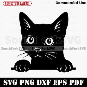 May include: Black cat silhouette with large eyes and whiskers, peeking over a horizontal line. The image includes the text "SVG PNG DXF EPS PDF" and "Commercial Use". The words "Perfect for Lasers!" are in a red banner.