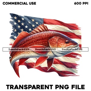 May include: A red fish with a white and red American flag behind it. The fish is swimming towards the right side of the image. The flag is torn and tattered.