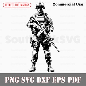 May include: Black and white silhouette of a soldier in military uniform holding a rifle. The soldier is wearing a helmet and has a determined expression on their face. The image is perfect for use in a variety of projects, including t-shirts, mugs, and posters.