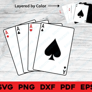 Assi carte da gioco svg png dxf eps pdf Asso di picche stratificato di colore taglio File incidere cnc Clip Art Club cuori diamanti grafica vettoriale