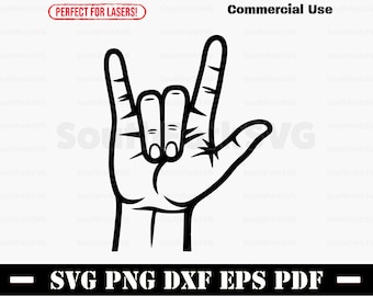 Puede incluir: Ilustración en blanco y negro de una mano haciendo el signo 'Te amo'. La imagen incluye el texto 'Commercial Use' y 'SVG PNG DXF EPS PDF'. Una pancarta roja en la parte superior dice 'PERFECT FOR LASERS!'