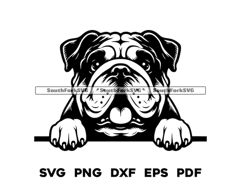 May include: Black and white illustration of a bulldog's head peeking over a surface. The bulldog has a wrinkled face and a large, open mouth.