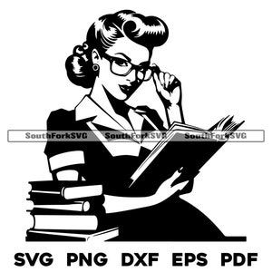 Pinup Girl Librarian Reading Book svg png dxf eps pdf Arquivos | Corte Impressão Gravação a Laser CNC Substituição de Tintura Vinil | Download Instantâneo Uso Comercial