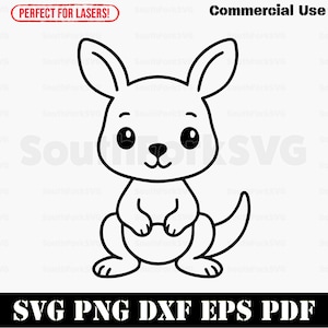 May include: A black and white cartoon kangaroo illustration. The kangaroo has large eyes, a small nose, and a smiling mouth. The image includes the text "SVG PNG DXF EPS PDF" and "Commercial Use".