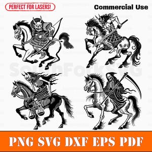 Puede incluir: Cuatro ilustraciones en blanco y negro de jinetes a caballo. Los jinetes son un samurái, un esqueleto, un demonio y la muerte. Las ilustraciones son de estilo vintage.