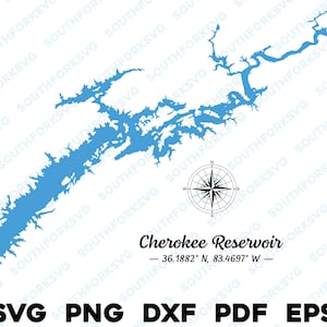 Cherokee Reservoir Lake Tennessee Mappa Forma Silhouette svg png dxf pdf eps disegno grafico vettoriale taglio incisione laser file immagine casa sul lago