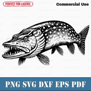 Grand brochet svg png dxf eps pdf | Fichiers vectoriels transparents, impression découpée, impression laser, gravure laser, utilisation commerciale