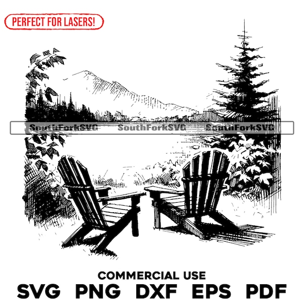 Laser Engrave File Lake Adirondack Chairs Scene svg png dxf eps pdf | vector graphic design cut print dye sub cnc digital commercial use