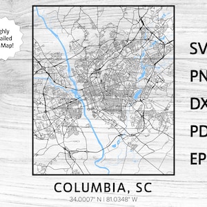 Columbal SC City Street Straßen Karte Fluss | svg png dxf eps | Vektorgrafik Design Laser geschnitten Cnc Datei Sofortiger digitaler Download