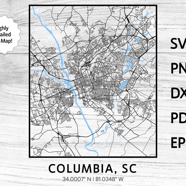 Columbia SC City Street Road Map River | svg png dxf pdf eps | vector graphic design cut engraving laser cnc file Instant Digital Download