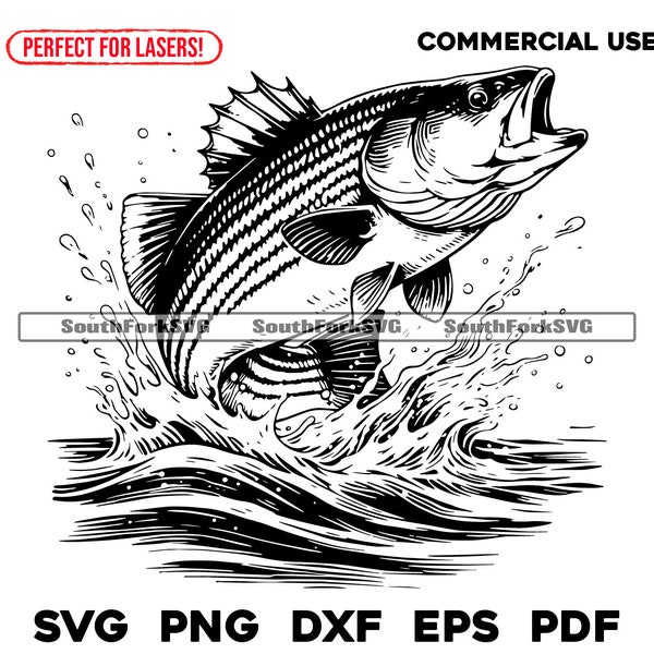 Laser Engrave File Striped Bass Jumping | svg png dxf eps pdf | transparent vector graphic design cut print dye sub commercial use