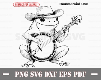 May include: A black and white line drawing of a frog wearing a cowboy hat and playing a banjo. The frog is sitting on its hind legs and holding the banjo with its front legs. The banjo has a round body and a long neck. The frog is smiling.