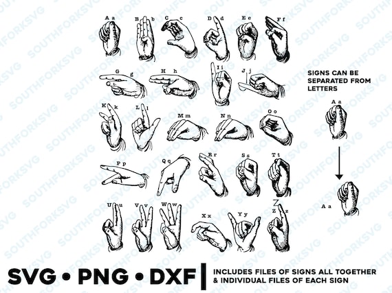 Vintage American Sign Language Alphabet SVG PNG DXF Cut File