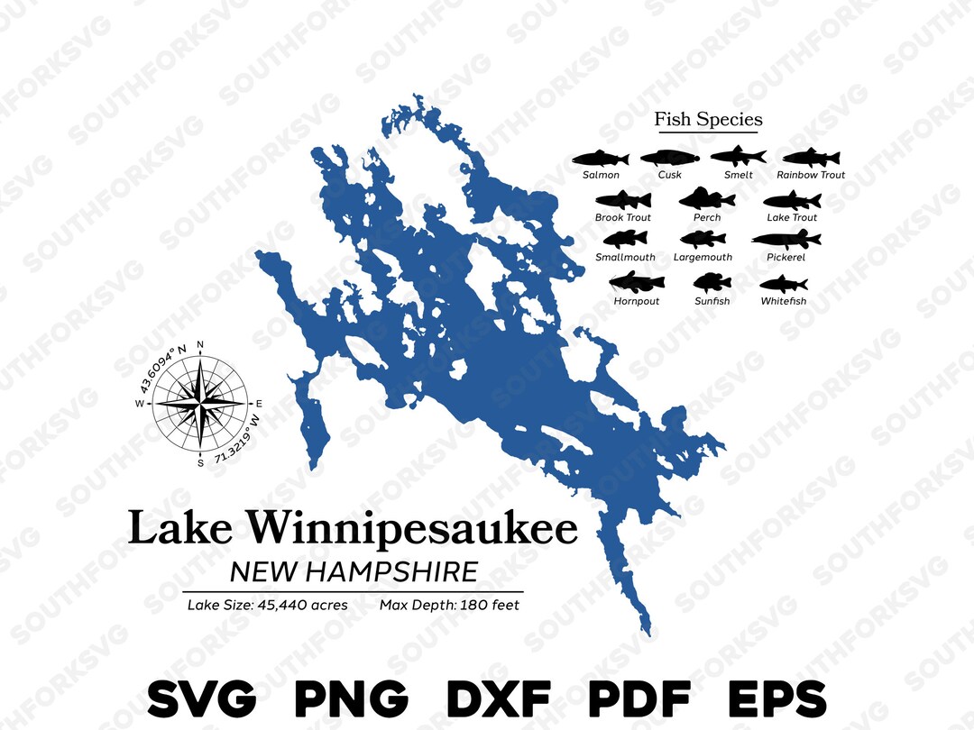 Lake Winnipesaukee New Hampshire Map Data Fish Species | Laser Ready ...