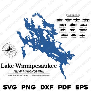 Lake Winnipesaukee New Hampshire Kartendaten Fischarten | Laserfertiger CNC-Druck Dye Sub svg png dxf eps pdf | Sofort Download Kommerzielle Nutzung