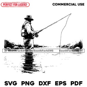 Archivos de grabado láser Escena de pescador con mosca svg png dxf eps pdf / diseño gráfico vectorial transparente corte impresión sublimación uso comercial