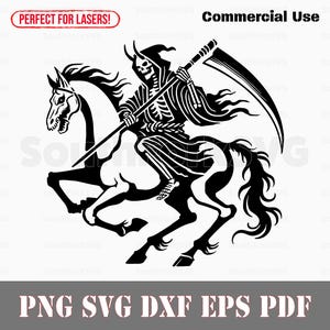 May include: Black and white silhouette of Death riding a horse, holding a scythe.