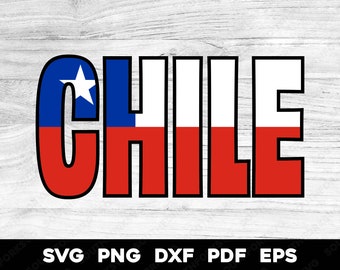 May include: The word "CHILE" is written in large, bold letters. Each letter is filled with the colors of the Chilean flag: red, white, and blue. A white star is in the blue portion of the "C".