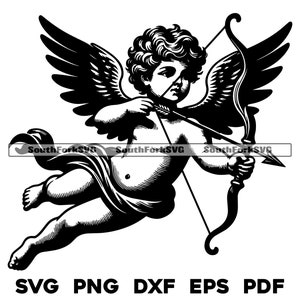 May include: A black and white illustration of a winged cherub holding a bow and arrow. The cherub has curly hair and is wearing a flowing robe.