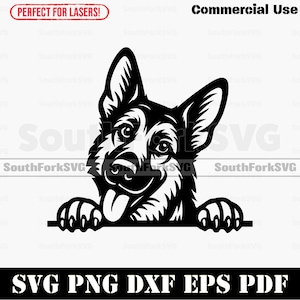Puede incluir: Gráfico en blanco y negro de un perro pastor alemán con la lengua fuera, asomándose por encima de una línea horizontal. La imagen incluye el texto "SVG PNG DXF EPS PDF" y "Commercial Use".