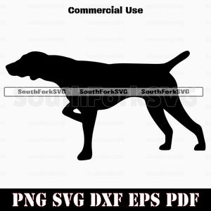 May include: Black silhouette of a German Shorthaired Pointer dog standing in a hunting pose. The dog is facing left and has its right leg raised. The image is a digital download for commercial use.