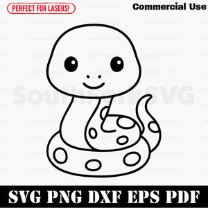 Puede incluir: Ilustración de una serpiente de dibujos animados en blanco y negro con una cara sonriente y un patrón de lunares. La imagen incluye el texto "Commercial Use" y "SVG PNG DXF EPS PDF".