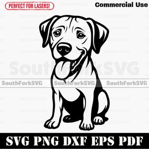 Könnte beinhalten: Schwarz-Weiß-Illustration eines sitzenden Hundes mit herausgestreckter Zunge. Das Bild enthält den Text "Commercial Use" und "SVG PNG DXF EPS PDF". Die Worte "Perfect for Lasers!" stehen in einem roten Banner.