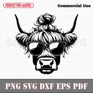 Highland Cow rommelig broodje zonnebril svg png dxf eps pdf transparante vector grafische ontwerp knippen print dye sub laser graveren bestanden commercieel gebruik