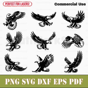 May include: Set of eight black and white silhouette images of bald eagles in various poses. The images are perfect for crafting projects, laser cutting, and digital design.