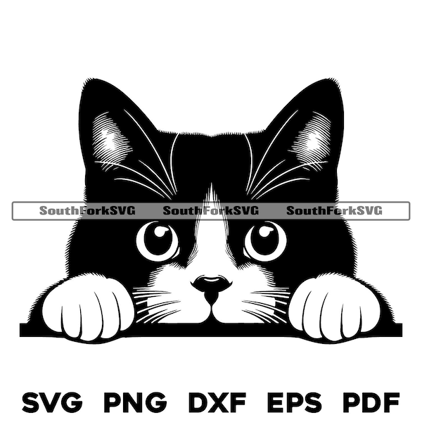 Peeking Tuxedo Cat Head Vector Design 2 | svg png dxf eps pdf | vector graphic cut print dye sub laser engrave digital file commercial use