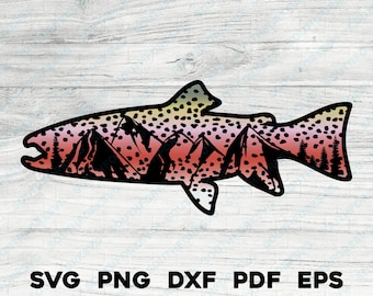 May include: A black silhouette of a trout with a colorful mountain landscape inside. The trout is outlined in black and has a red, orange, yellow, and blue gradient.